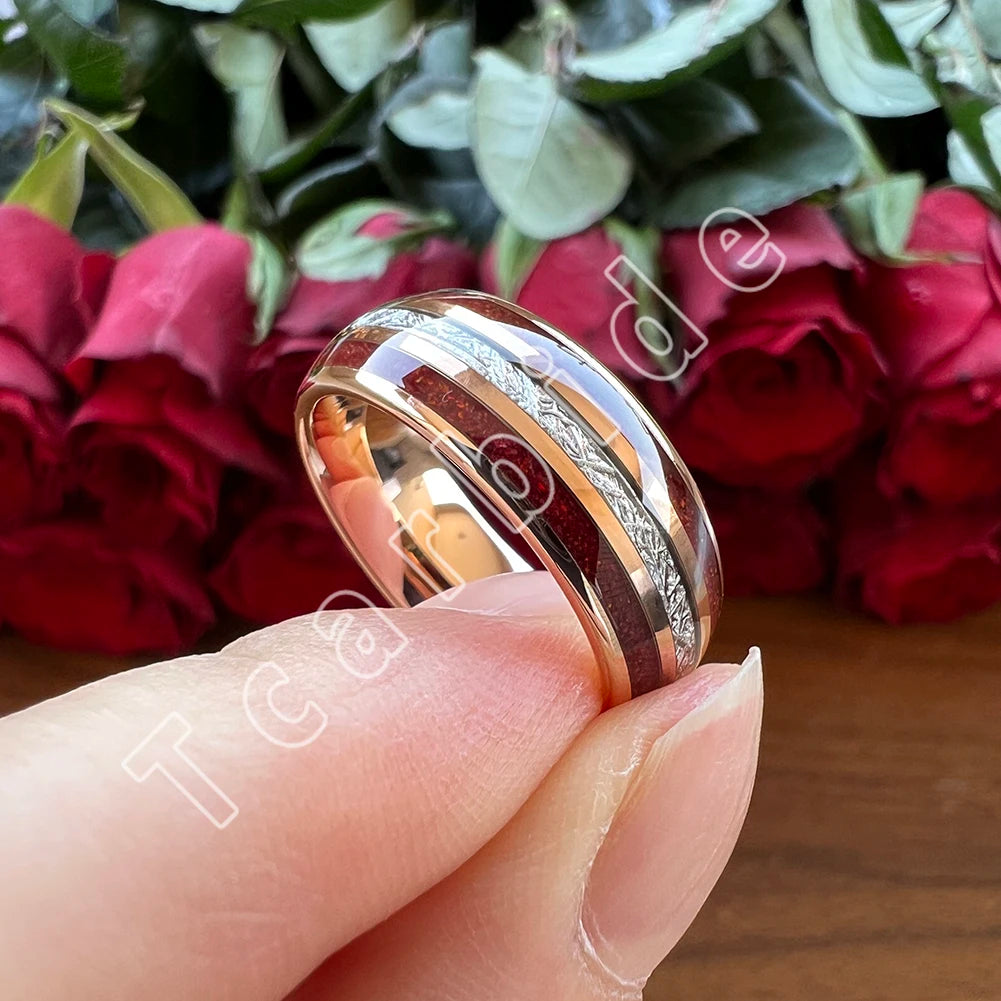 Dropshipping 8MM Männer Frauen Schöne Hochzeit Band Wolfram Rot Opal Ring mit Helle Meteorit Inlay Gewölbt Poliert Komfort Fit