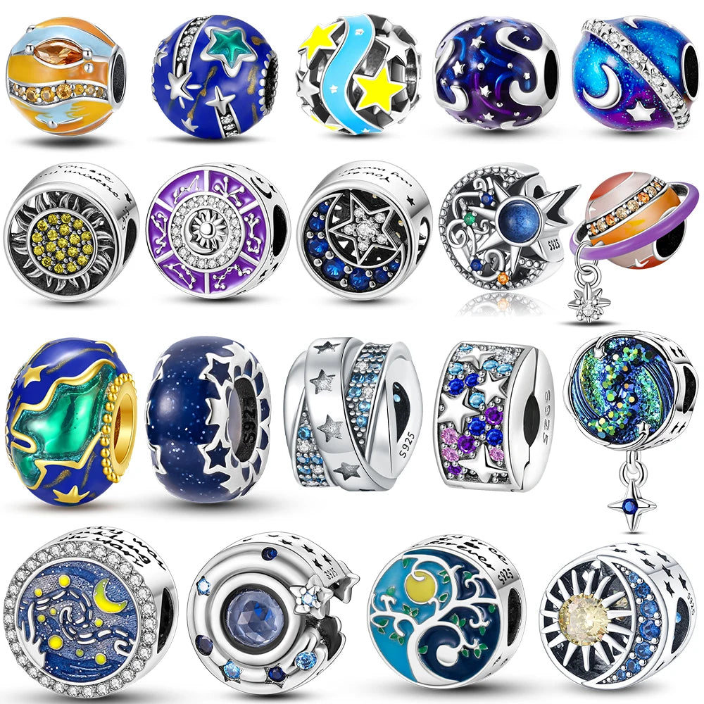 Original 925 Silber Lila Romantische Sternenplanet Perlen Halskette Charms Perlen Fit Armband Frauen Diy Zubehör Feines Geschenk
