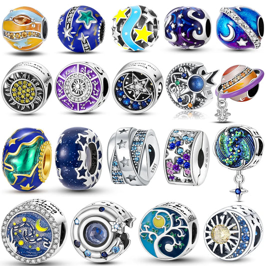 Original 925 Silber Lila Romantische Sternenplanet Perlen Halskette Charms Perlen Fit Armband Frauen Diy Zubehör Feines Geschenk
