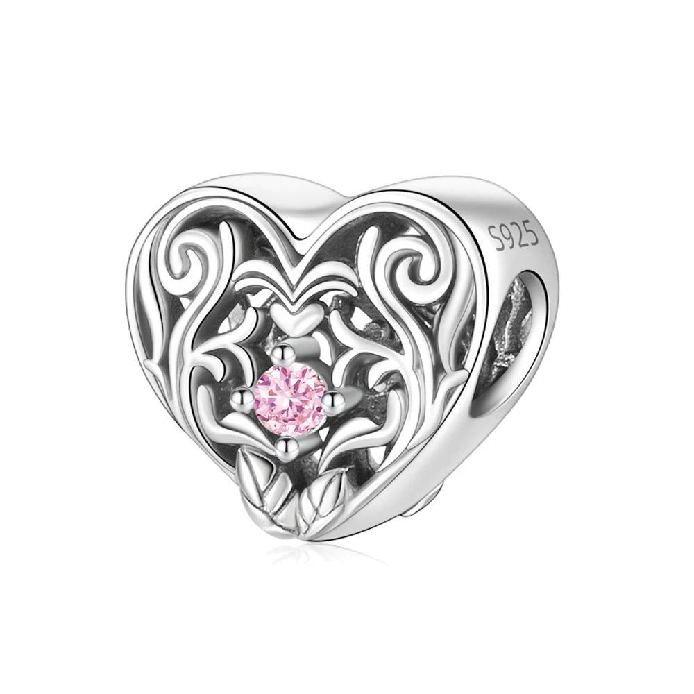 Charm-Anhänger aus 925er-Sterlingsilber mit Oktopusperlen und Stammbaum und Herz, passend für Schlangenarmband, Boutique-Halskette, rosa Anhänger, Geschenk