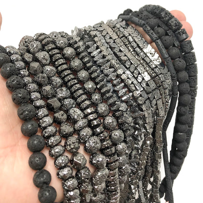 Schwarze vulkanische Lavagesteinperlen, Mineralperlen, Charms, Rohrwürfel, runde geometrische Formperlen für Schmuckherstellung, DIY-Armband