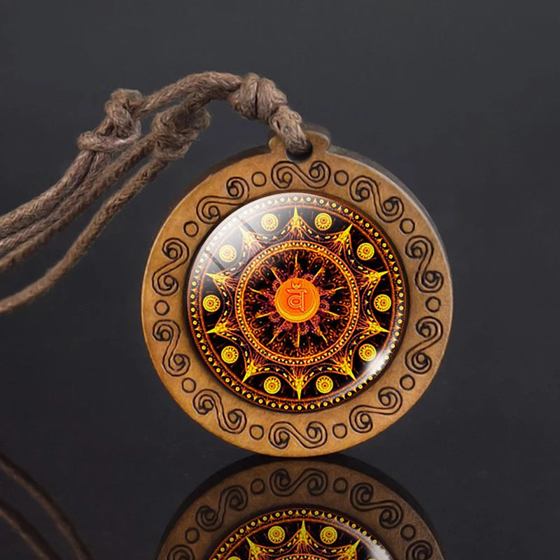 Mandala glass necklace, retro art, wooden pendant, Buddhist sacred geometry, jewelry, spiritual yoga gift