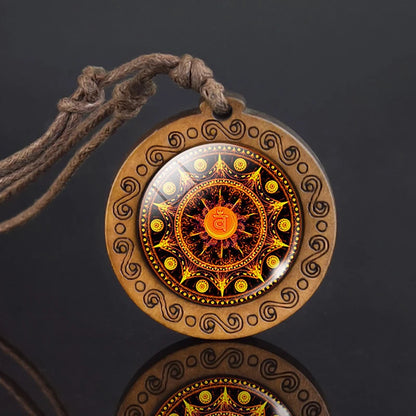 Mandala glass necklace, retro art, wooden pendant, Buddhist sacred geometry, jewelry, spiritual yoga gift