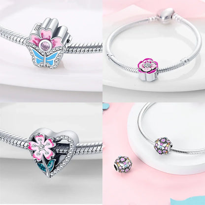 925 Silber Farbe Romantische Retro Herzförmige Blume Wächter Schmetterling Amulett Fit Original Armband DIY Schmuck Geschenk