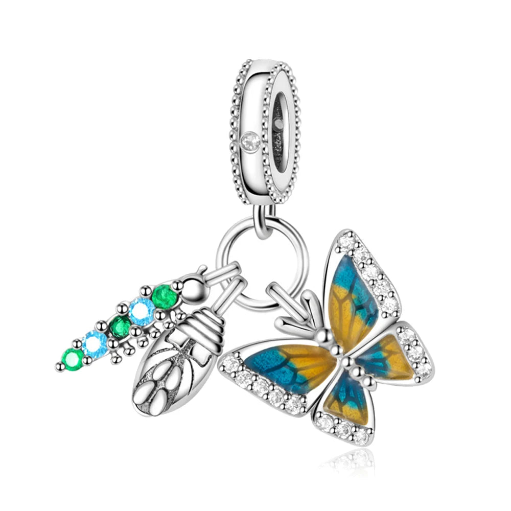Exquisiter 925er-Sterlingsilber-Charm mit funkelndem Edelstein, Schlüssel, Blume, Schmetterling, passend für DIY-Armbänder, Halsketten, edler Schmuck, Geschenke