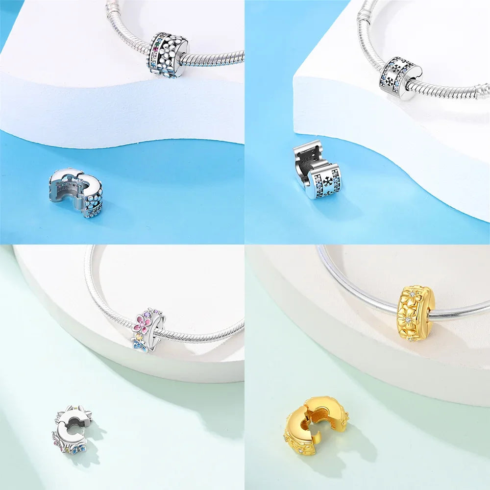 925er Silber eingelegte Zirkoniumblumen, vierblättriges Kleeblatt, Federn, Liebesbox-Clip, Charms, Abstandsperlen, passend für Armbänder, DIY-Schmuckmarkierung
