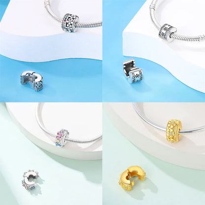 925er Silber eingelegte Zirkoniumblumen, vierblättriges Kleeblatt, Federn, Liebesbox-Clip, Charms, Abstandsperlen, passend für Armbänder, DIY-Schmuckmarkierung