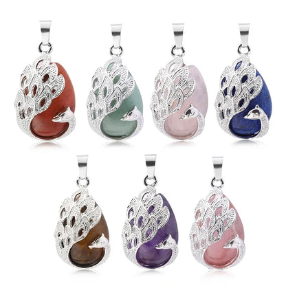 Wassertropfen Naturstein Anhänger Pfau Halskette Quarz Kristall Opal Tigerauge Halskette Anhänger für Frauen Männer Schmuck Geschenk