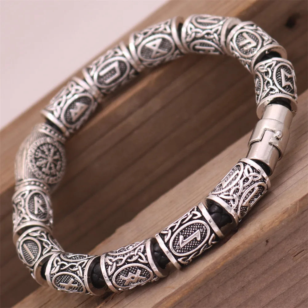 Mkendn Wikinger Accessoires Runen Perlen DIY Schmuck Herren Damen Wikinger Leder Armreifen mit Charms Bart Perlen