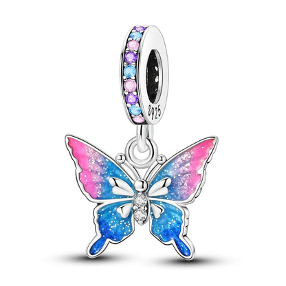Bunter Schmetterlingsanhänger aus 925er-Sterlingsilber mit Blumen, Perlen, Käfer und Marienkäfer, passend für Armbänder, exquisite Anhänger-Geschenke