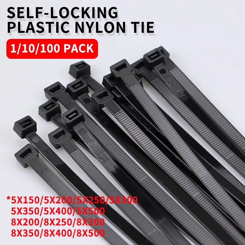 5*150-8*500 selbstsicher ndes schwarzes Nylon-Kabel band aus starkem Kunststoff mit fester Schnalle