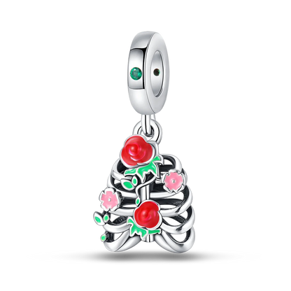 Herz- und Orgel-Charm, 925er-Sterlingsilber, roter Rosenschädel, baumelnder Anhänger, dunkle ästhetische Passform, Armreif, Halskette, DIY-Schmuck