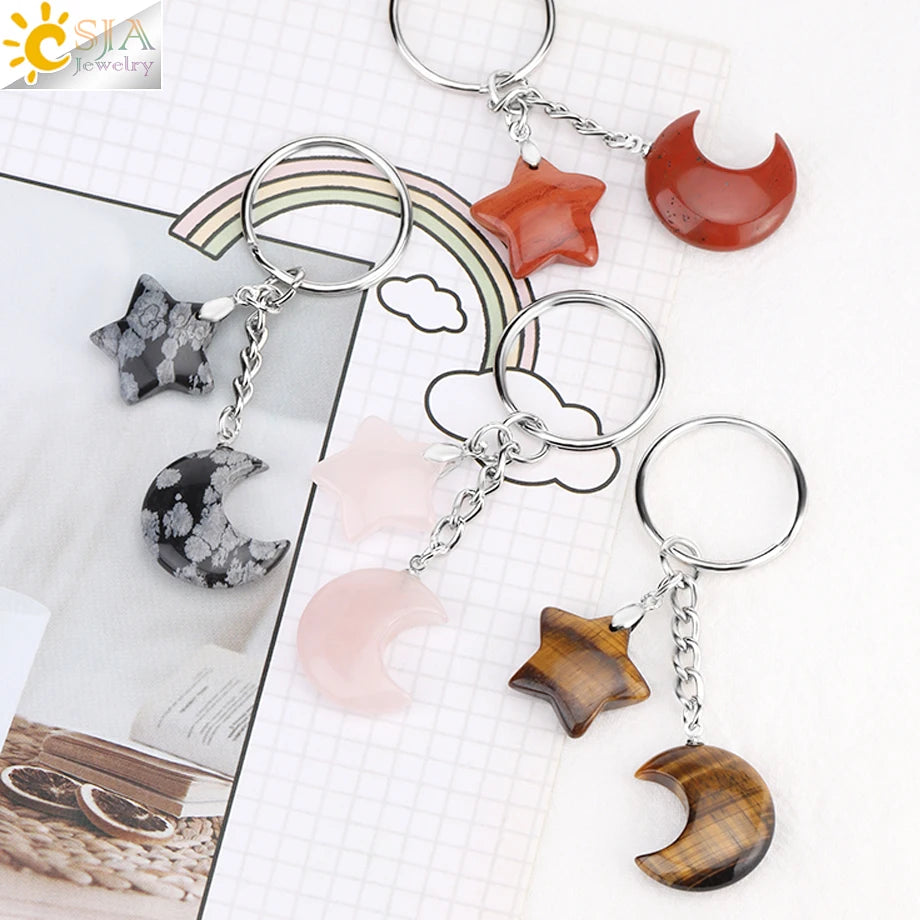 CSJA Healing Naturstein Schlüsselbund Trendy Mond Sterne Charm Bead Anhänger Silber Farbe Halter Schlüssel Ring Auto Schlüssel Ring Tasche Dekor H368