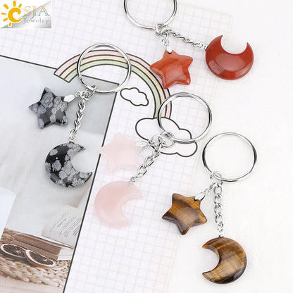 CSJA Healing Naturstein Schlüsselbund Trendy Mond Sterne Charm Bead Anhänger Silber Farbe Halter Schlüssel Ring Auto Schlüssel Ring Tasche Dekor H368