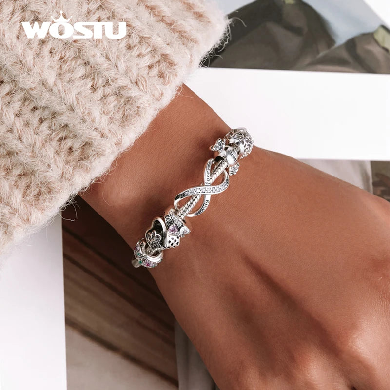 WOSTU Echt 925 Sterling Silber Herz Perlen Blume Retro Muster Charms Anhänger Fit Original DIY Armband Halskette Silber Schmuck