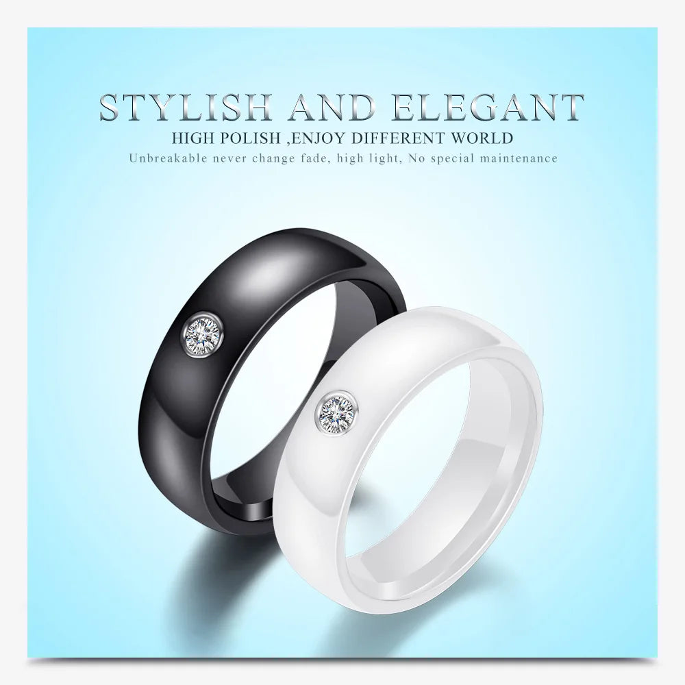 6MM Luxus Zirkon Keramik Ring Für Frauen Finger schmuck Zubehör Schwarz Weiß Farbe UNS Größe 6-9 wasserdicht Anti-fading