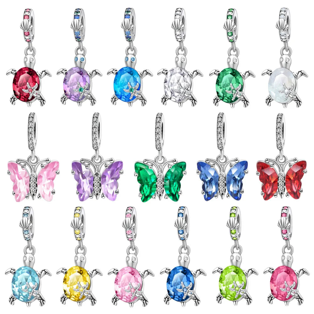 Grüner Schildkröten-Anhänger aus 925er-Sterlingsilber und blauer Schmetterling, baumelnder Charm, passend für Schlangenarmband, Boutique-Halskette, exquisite Geschenke