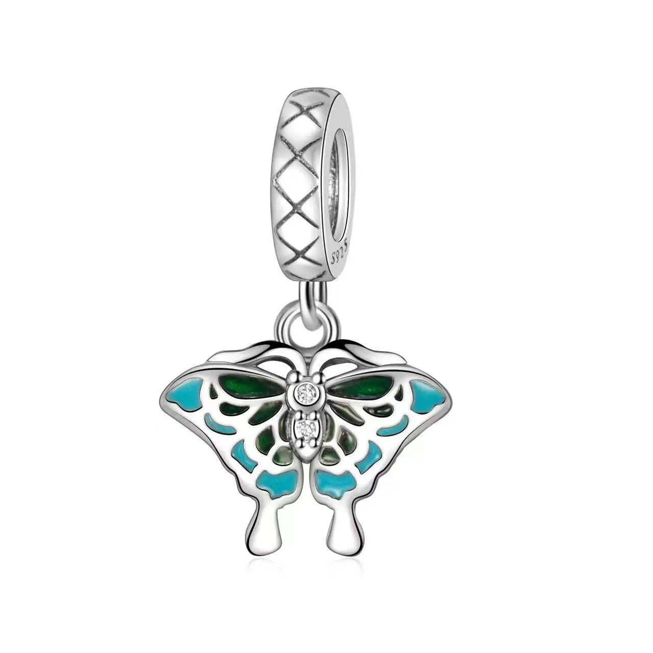 Exquisiter 925er-Sterlingsilber-Charm mit funkelndem Edelstein, Schlüssel, Blume, Schmetterling, passend für DIY-Armbänder, Halsketten, edler Schmuck, Geschenke