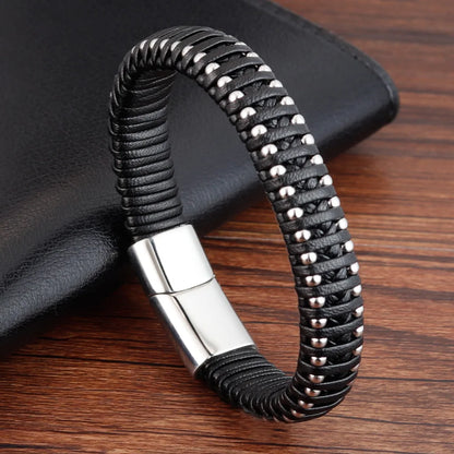 Geflochtenes Seil gewebtes schwarzes Leder Herrenarmbänder Punk-Stil Edelstahl-Armreif für Freund Charm Modeschmuck Geschenke