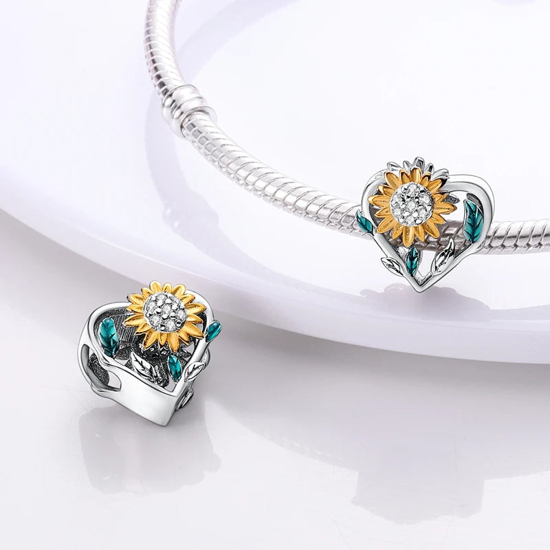 Blumen-Charms aus 925er Silber, Sonnenblumen-Tulpen-Anhänger, passend für Original-Pan-Armbänder zur Herstellung von Schmuck