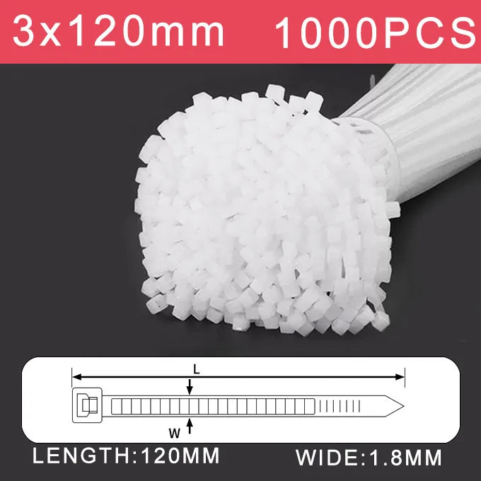 250/500/1000 Stück weiße selbstsichernde Kunststoff-Nylon-Kabelbinder 3 * 100 3 * 150 4 * 200 Befestigungsring Nylon-Klemmband mit Schloss
