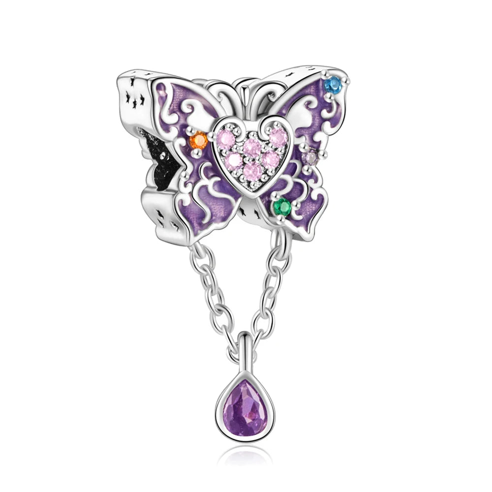 Exquisiter 925er-Sterlingsilber-Charm mit funkelndem Edelstein, Schlüssel, Blume, Schmetterling, passend für DIY-Armbänder, Halsketten, edler Schmuck, Geschenke